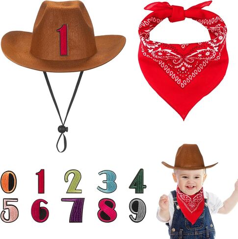 3 Pcs Cowboy Birthday Party Hat and Bandanas with 0-9 Numbers Infant Baby Hat Kid Western Costume Accessories in Saudi Arabia