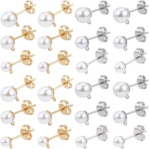 1 Box 120Pcs Pearl Earring Posts Stainless Steel Earring Findings Gold Silver Hypoallergenic Ear Post with Imitation Pearl Loop Butterfly Back Ear Studs for Jewelry Making DIY Crafts Women in Saudi Arabia