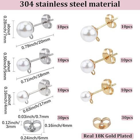 1 Box 120Pcs Pearl Earring Posts Stainless Steel Earring Findings Gold Silver Hypoallergenic Ear Post with Imitation Pearl Loop Butterfly Back Ear Studs for Jewelry Making DIY Crafts Women in Saudi Arabia