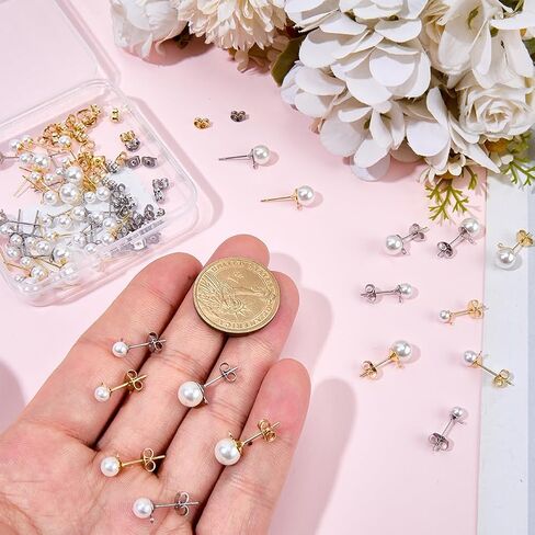 1 Box 120Pcs Pearl Earring Posts Stainless Steel Earring Findings Gold Silver Hypoallergenic Ear Post with Imitation Pearl Loop Butterfly Back Ear Studs for Jewelry Making DIY Crafts Women in Saudi Arabia