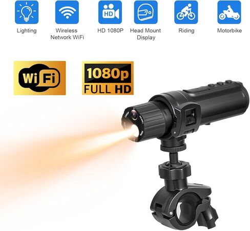 Sanpyl 4K WiFi Helmet Camera with Bike Light, 1080P 30fps IP68 Water Proof Motorcycle Camera, 140 Wide Angle & 1200mAh 10H Battery, Loop Recording for Bike/Motorcycle (Black) in Saudi Arabia