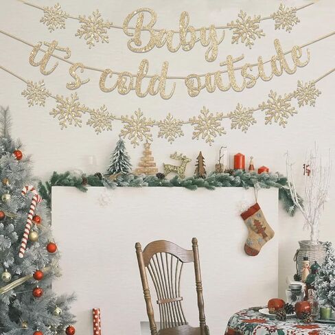 لافتة Baby It's Cold Outside، لامعة بلون الشمبانيا الذهبية، لافتة Baby It's Cold Sign ندفة الثلج، إكليل وينتر وندرلاند، ديكورات حفلات أعياد الميلاد in Kuwait