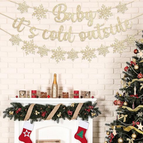 لافتة Baby It's Cold Outside، لامعة بلون الشمبانيا الذهبية، لافتة Baby It's Cold Sign ندفة الثلج، إكليل وينتر وندرلاند، ديكورات حفلات أعياد الميلاد in Kuwait
