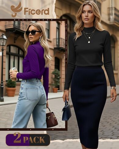 Ficerd 2 Pack قمصان نسائية ذات رقبة وهمية، قمصان ذات أكمام طويلة وياقة مدورة كاجوال مريحة، تي شيرت عصري قابل للتمدد in Kuwait