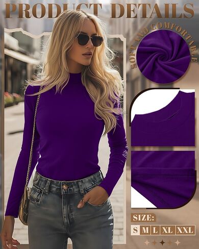 Ficerd 2 Pack قمصان نسائية ذات رقبة وهمية، قمصان ذات أكمام طويلة وياقة مدورة كاجوال مريحة، تي شيرت عصري قابل للتمدد in Kuwait