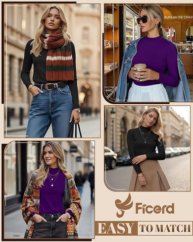 Ficerd 2 Pack قمصان نسائية ذات رقبة وهمية، قمصان ذات أكمام طويلة وياقة مدورة كاجوال مريحة، تي شيرت عصري قابل للتمدد in Kuwait