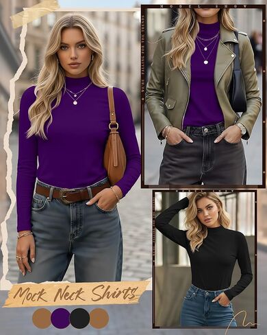 Ficerd 2 Pack قمصان نسائية ذات رقبة وهمية، قمصان ذات أكمام طويلة وياقة مدورة كاجوال مريحة، تي شيرت عصري قابل للتمدد in Kuwait