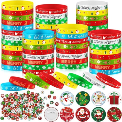 Poen 240 Pcs Christmas Party Favors 120 Christmas Silicone Bracelets 120 Xmas Round Pin Buttons Santa Snowflake Rubber Wristbands Bulk Set for Xmas Adult Gifts Stuffers Fillers Decoration Supplies in Saudi Arabia