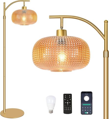 Modern Floor Lamp for Living Room, Mid Century Tall Standing Lamp Green Glass Lamp Shape, Dimmable Gold Tall Pole Lamp for Bedroom Office with Remote, 1 x 12W LED Edison Bulbs Included in Saudi Arabia