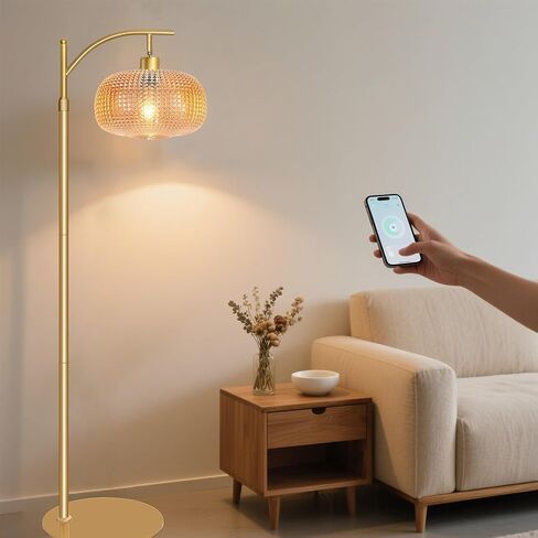 Modern Floor Lamp for Living Room, Mid Century Tall Standing Lamp Green Glass Lamp Shape, Dimmable Gold Tall Pole Lamp for Bedroom Office with Remote, 1 x 12W LED Edison Bulbs Included in Saudi Arabia