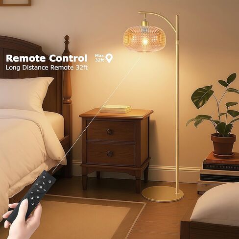 Modern Floor Lamp for Living Room, Mid Century Tall Standing Lamp Green Glass Lamp Shape, Dimmable Gold Tall Pole Lamp for Bedroom Office with Remote, 1 x 12W LED Edison Bulbs Included in Saudi Arabia