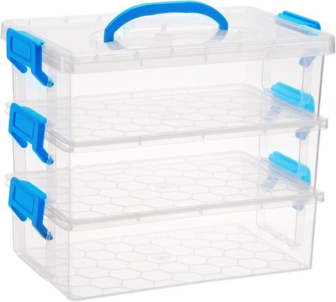 JUXYES 3-Tiers Stack Carry Storage Box with Blue Handle, Transparent Stackable Storage Bin With Handle Lid Latching Storage Container for School & Office Supplies, Internal Size 20x12.5x6cm in Saudi Arabia