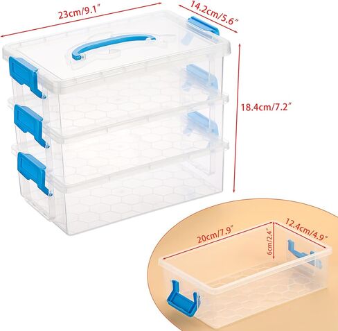 JUXYES 3-Tiers Stack Carry Storage Box with Blue Handle, Transparent Stackable Storage Bin With Handle Lid Latching Storage Container for School & Office Supplies, Internal Size 20x12.5x6cm in Saudi Arabia