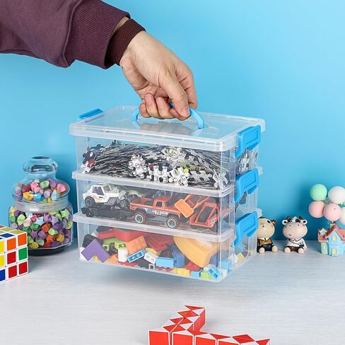 JUXYES 3-Tiers Stack Carry Storage Box with Blue Handle, Transparent Stackable Storage Bin With Handle Lid Latching Storage Container for School & Office Supplies, Internal Size 20x12.5x6cm in Saudi Arabia