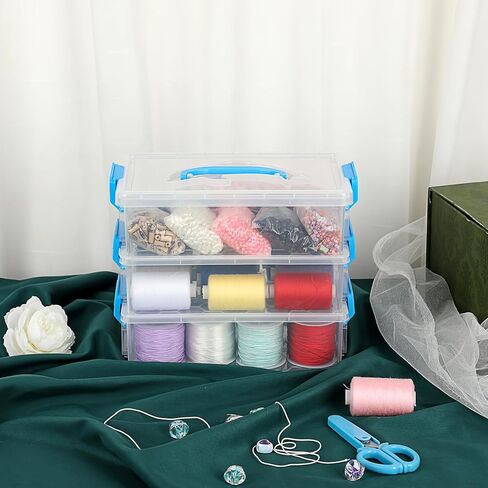 JUXYES 3-Tiers Stack Carry Storage Box with Blue Handle, Transparent Stackable Storage Bin With Handle Lid Latching Storage Container for School & Office Supplies, Internal Size 20x12.5x6cm in Saudi Arabia
