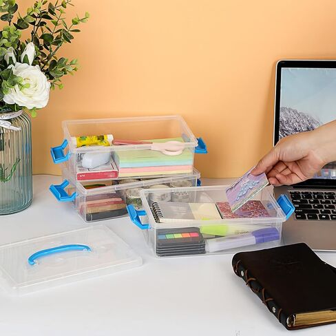 JUXYES 3-Tiers Stack Carry Storage Box with Blue Handle, Transparent Stackable Storage Bin With Handle Lid Latching Storage Container for School & Office Supplies, Internal Size 20x12.5x6cm in Saudi Arabia
