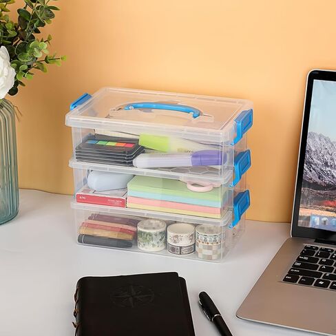 JUXYES 3-Tiers Stack Carry Storage Box with Blue Handle, Transparent Stackable Storage Bin With Handle Lid Latching Storage Container for School & Office Supplies, Internal Size 20x12.5x6cm in Saudi Arabia
