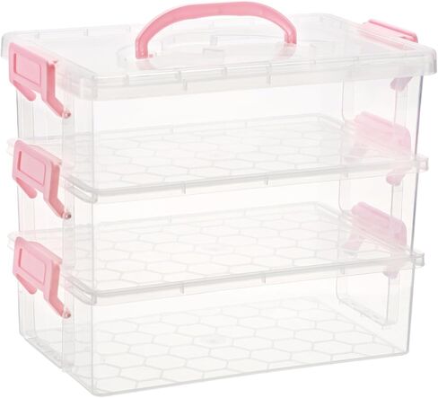 JUXYES 3-Tiers Stack Carry Storage Box with Blue Handle, Transparent Stackable Storage Bin With Handle Lid Latching Storage Container for School & Office Supplies, Internal Size 20x12.5x6cm in Saudi Arabia