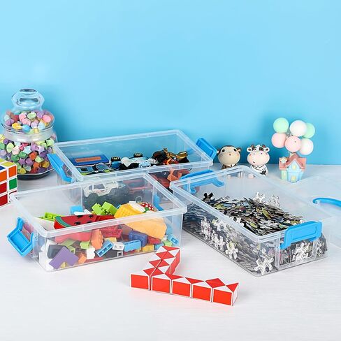 JUXYES 3-Tiers Stack Carry Storage Box with Blue Handle, Transparent Stackable Storage Bin With Handle Lid Latching Storage Container for School & Office Supplies, Internal Size 20x12.5x6cm in Saudi Arabia