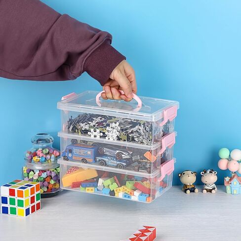 JUXYES 3-Tiers Stack Carry Storage Box with Blue Handle, Transparent Stackable Storage Bin With Handle Lid Latching Storage Container for School & Office Supplies, Internal Size 20x12.5x6cm in Saudi Arabia