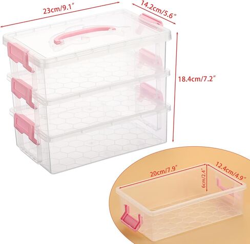 JUXYES 3-Tiers Stack Carry Storage Box with Blue Handle, Transparent Stackable Storage Bin With Handle Lid Latching Storage Container for School & Office Supplies, Internal Size 20x12.5x6cm in Saudi Arabia