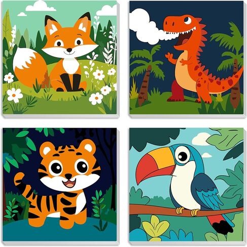 MXJSUA 4 Pack Cute Animals Paint by Numbers Kit with Framed Canvas for Ages 6-12 Kids, Panda Paint by Numbers Kits for Children Beginners, Acrylic Oil Painting for Home Wall Decor Gift (8x8 inch) in Saudi Arabia