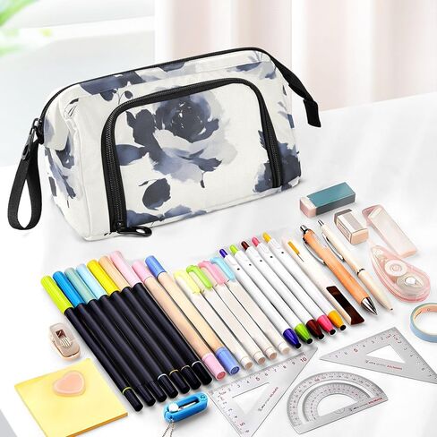 Beautiful Florals Large Pencil Case - Large Capacity Cool Pencil Pouch Portable Handle for School Office Teens Adults in Saudi Arabia