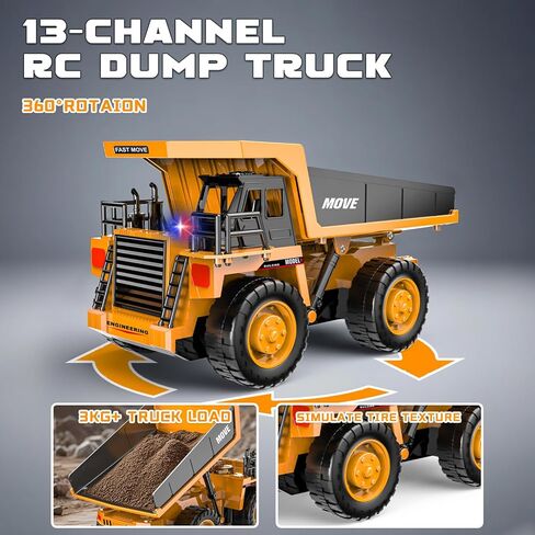 Remote Control Dump Truck Toy, 13-Channel Rc Construction Vehicles with Metal Bed & Light, 2.4GHz RC Truck for Kids Boys Christmas Birthday Gifts Ages 3+ in Saudi Arabia