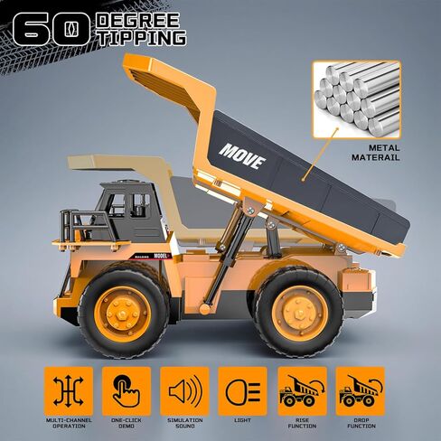 Remote Control Dump Truck Toy, 13-Channel Rc Construction Vehicles with Metal Bed & Light, 2.4GHz RC Truck for Kids Boys Christmas Birthday Gifts Ages 3+ in Saudi Arabia