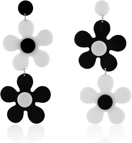 Big Acrylic daisy flower Dangle Earrings White & Black Statement Fashion Women Girls Drop Earrings in Kuwait