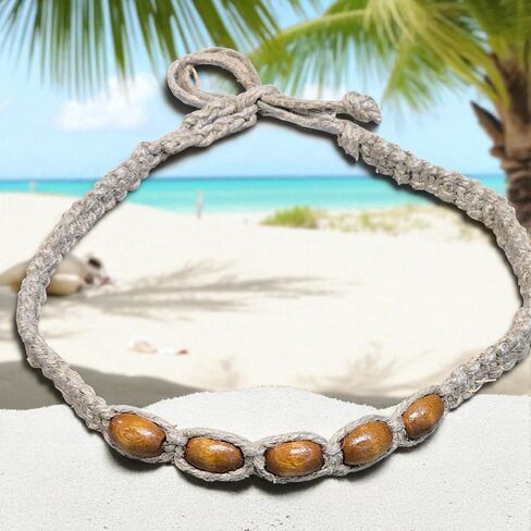 BlueRica Hemp Choker Necklace with Brown Wood Beads in Kuwait