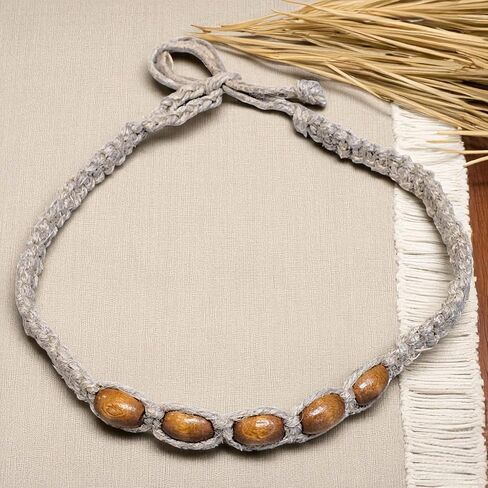 BlueRica Hemp Choker Necklace with Brown Wood Beads in Kuwait