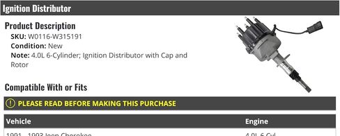 Ignition Distributor with Cap and Rotor - Compatible with 1991-1993 Jeep Cherokee 4.0L 6-Cylinder in Saudi Arabia