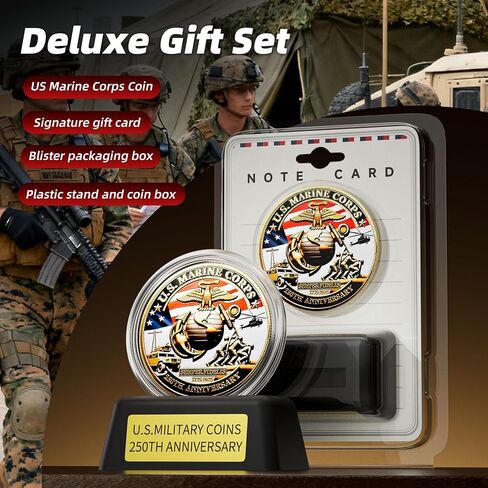 US Marine Corps 250th Anniversary Coin 1.77" Zinc Alloy High-Relief Collectible with Gift Box, Protective Capsule, Display Stand & Info Card – USMC 250th Birthday Commemorative Keepsake (Marine Corps) in Saudi Arabia