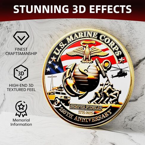 US Marine Corps 250th Anniversary Coin 1.77" Zinc Alloy High-Relief Collectible with Gift Box, Protective Capsule, Display Stand & Info Card – USMC 250th Birthday Commemorative Keepsake (Marine Corps) in Saudi Arabia