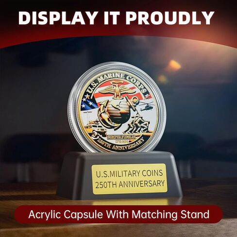 US Marine Corps 250th Anniversary Coin 1.77" Zinc Alloy High-Relief Collectible with Gift Box, Protective Capsule, Display Stand & Info Card – USMC 250th Birthday Commemorative Keepsake (Marine Corps) in Saudi Arabia