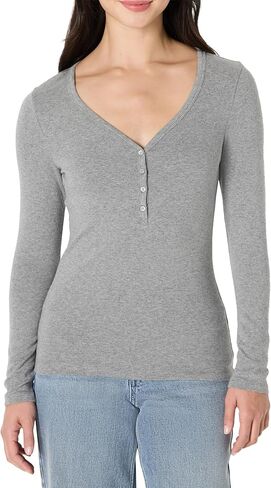 Amazon Essentials Women's Ribbed Knit Long Sleeve Henley Slim Fit T-Shirt in Kuwait