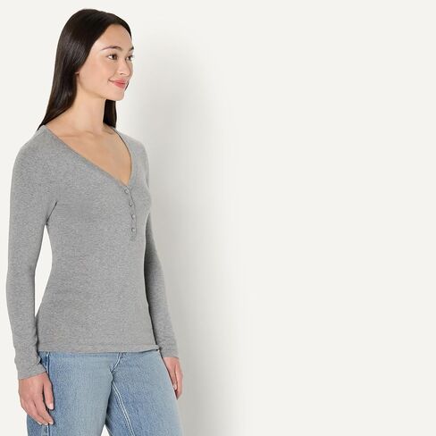 Amazon Essentials Women's Ribbed Knit Long Sleeve Henley Slim Fit T-Shirt in Kuwait