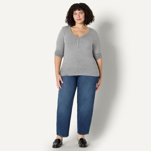 Amazon Essentials Women's Ribbed Knit Long Sleeve Henley Slim Fit T-Shirt in Kuwait