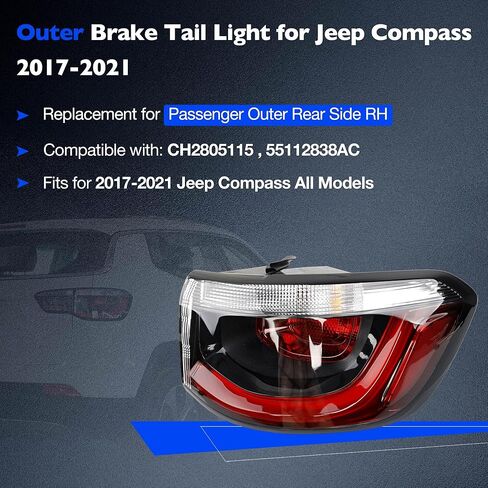 Outer Tail Light Compatible with 2017 2018 2019 2020 2021 Jeep Compass - Brake Taillight Assembly Replacement for CH2805115 and 55112838AC - Right Passenger Side in Saudi Arabia
