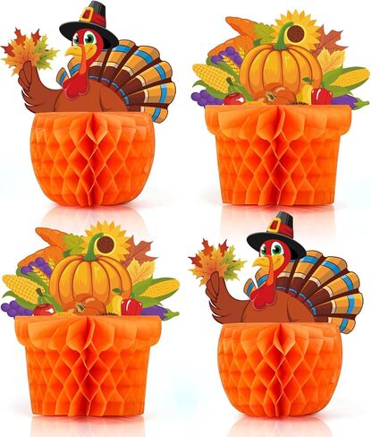 4 Pack Large Thanksgiving Honeycomb Turkey Centerpiece Thanksgiving Table Decor Fall Harvest Pumpkin Turkey Figure Honeycomb Standing Decorations for Fall Home Kitchen Tabletop Decor in Saudi Arabia
