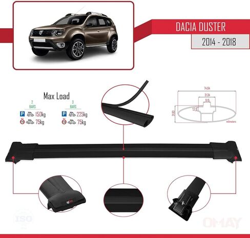 RE&AR Tuning Cross Bar Compatible for Dacia Duster 2014-2018 Roof Racks Car Top Luggage Carrier Rails Alu Black in Saudi Arabia