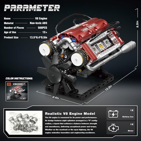 Tuajixz V8 Engine Building Blocks Sets, V8 Engine Model Kit That Runs – Motorized with Moving Pistons, Crankshaft & Rotating Fan, Realistic Engine Simulation for Car Enthusiasts, 588Pcs in Saudi Arabia