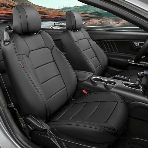 أغطية مقاعد جلدية من Coverdream Mustang تناسب 2015-2025 2026 Ford Mustang Coupe، خلفي مع مسند ظهر مقسم، مغطى بالكامل، واقي مقعد سيارة مقاوم للماء متوافق مع الوسادة الهوائية (مجموعة كاملة، أسود/أحمر) in Kuwait
