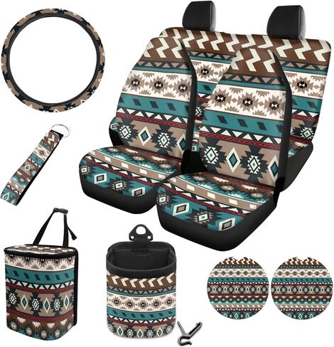 Aztec Tribal Car Seat Covers Full Set with Steering Wheel Cover for Women Universal Car Air Vent Storage Box Garbage Bag Cup Cushions Key Chain for SUV Van Sedan in Saudi Arabia