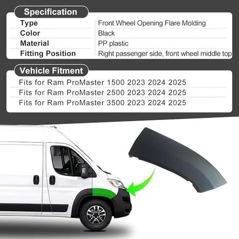 لوحة تشكيل مضيئة بفتحة العجلة الأمامية باللون الأسود تناسب RAM ProMaster 1500 ProMaster 2500 ProMaster 3500 Cargo Van 2023 2024 (جانب الركاب الأيمن) in Kuwait