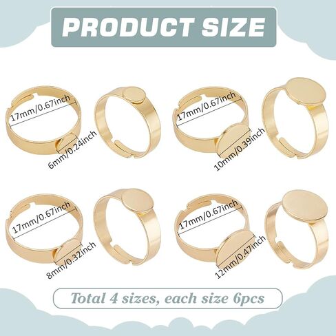 PH PandaHall 18K Gold Plated Blank Rings 24pcs 4 Sizes Adjustable Ring Blanks 304 Stainless Steel Flat Round Ring Bases Trays for Ring Jewelry Making DIY Crafts, 6/8/10/12mm in Saudi Arabia