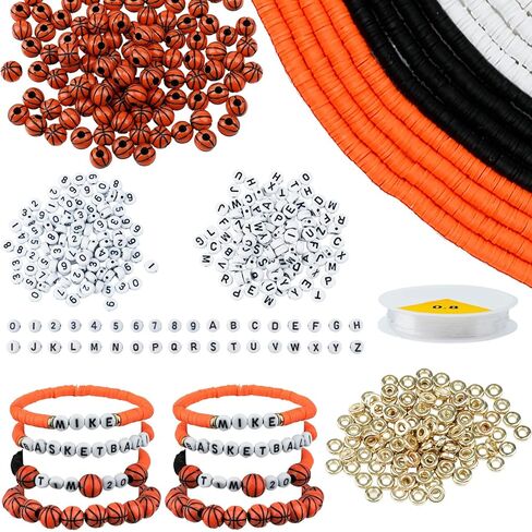 4200 Pcs Basketball Clay Beads Bracelet Making Kit, 12 Strands Black/White/Orange Clay Beads 100 Letter Number Bead 120 Basketball Acrylic with Gold Spacers, Friendship Bracelet Kit for Sport Parties in Saudi Arabia