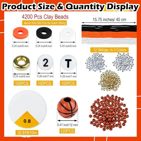 4200 Pcs Basketball Clay Beads Bracelet Making Kit, 12 Strands Black/White/Orange Clay Beads 100 Letter Number Bead 120 Basketball Acrylic with Gold Spacers, Friendship Bracelet Kit for Sport Parties in Saudi Arabia
