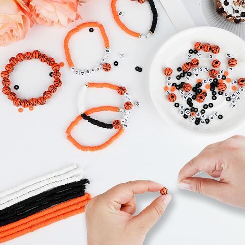 4200 Pcs Basketball Clay Beads Bracelet Making Kit, 12 Strands Black/White/Orange Clay Beads 100 Letter Number Bead 120 Basketball Acrylic with Gold Spacers, Friendship Bracelet Kit for Sport Parties in Saudi Arabia